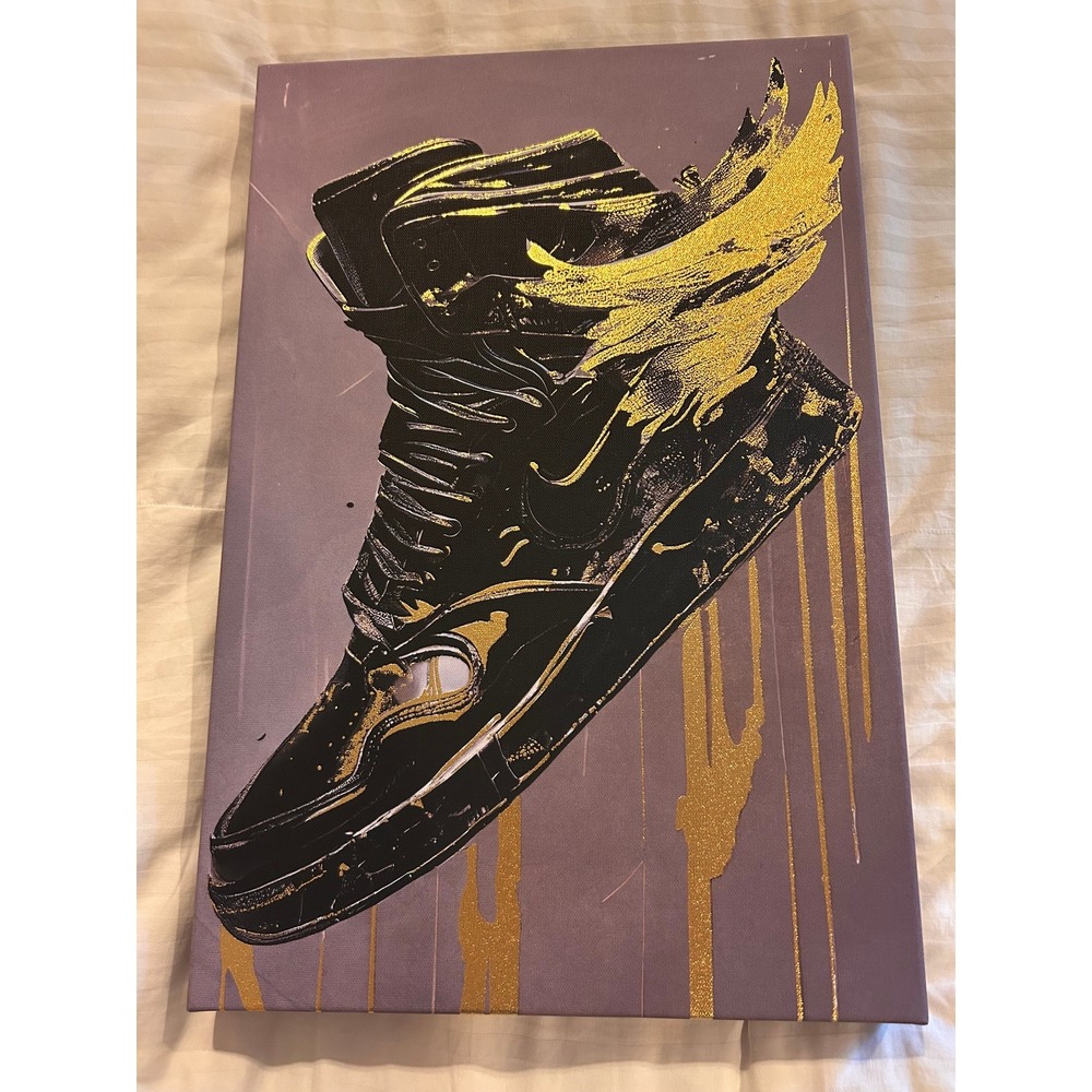 Stretched Canvas Wall Art Streetwear Winged Nike Hightop 18x12 Black Gold Purple